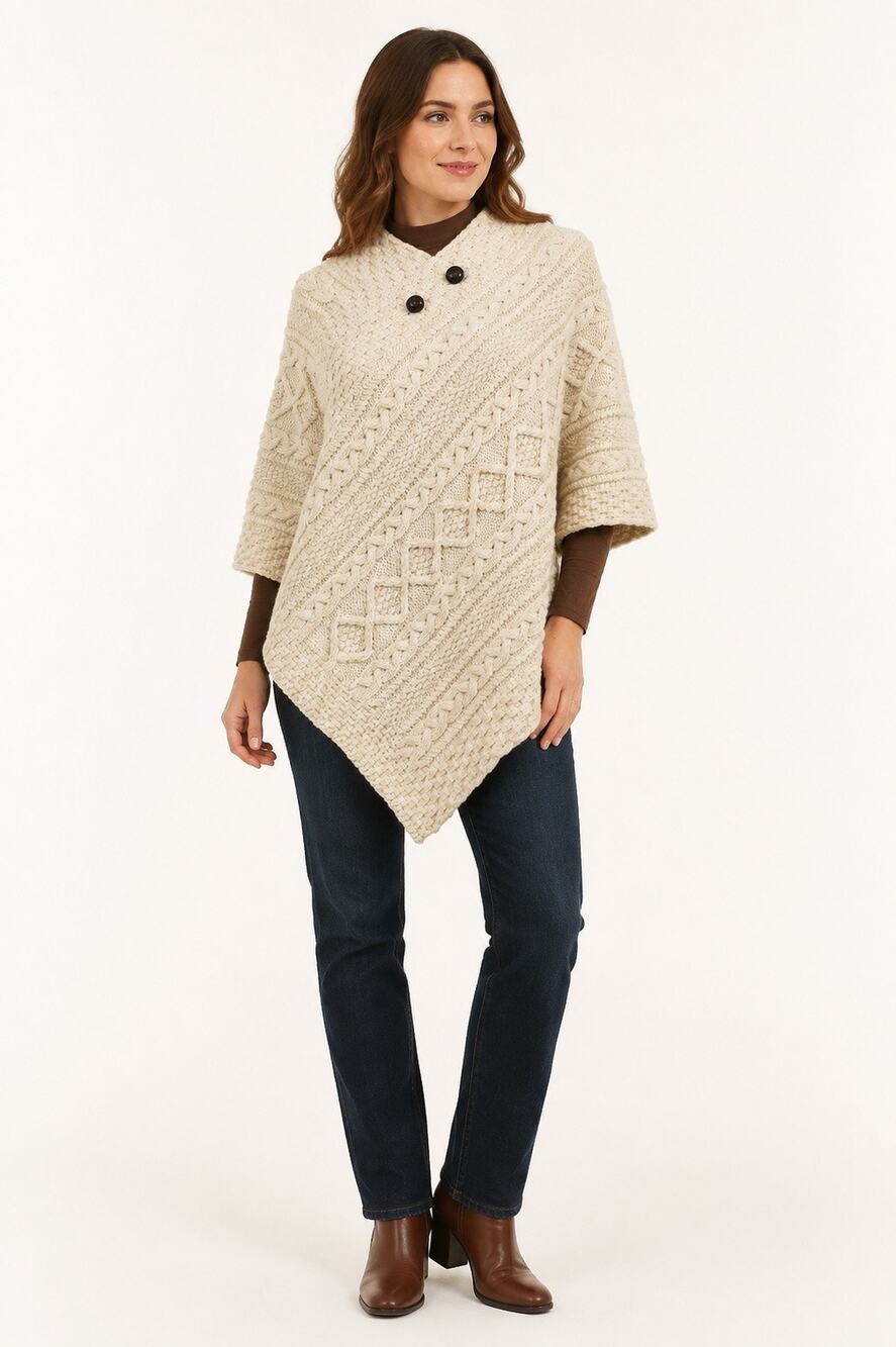 McDonald Clan Aran Poncho Women’s Cream 100% Wool Cable Knit Made Ireland
